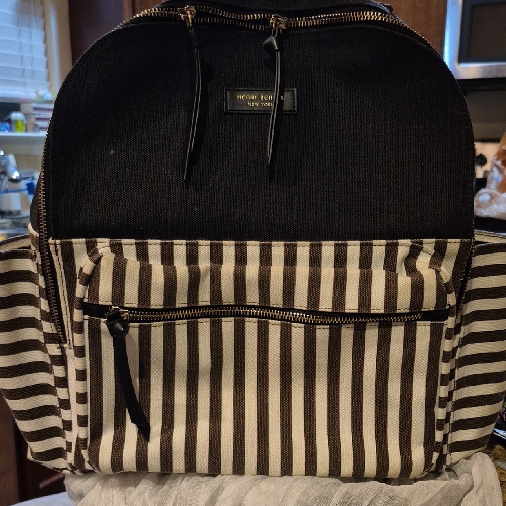 Henri Bendel Black and Brown Striped Canvas Backpack